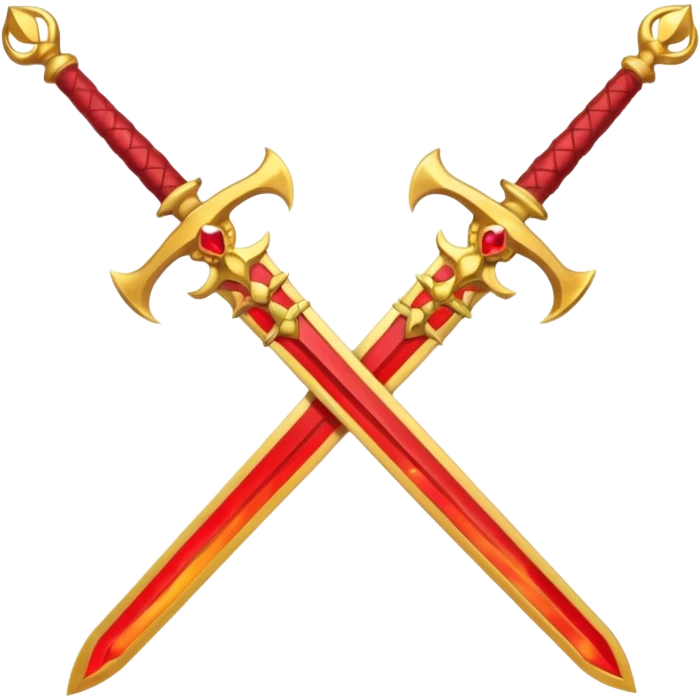 Two crossed swords that are golden in blade and handle and have fiery and royal appearence to them as well as red gem stones yellow in color emoji