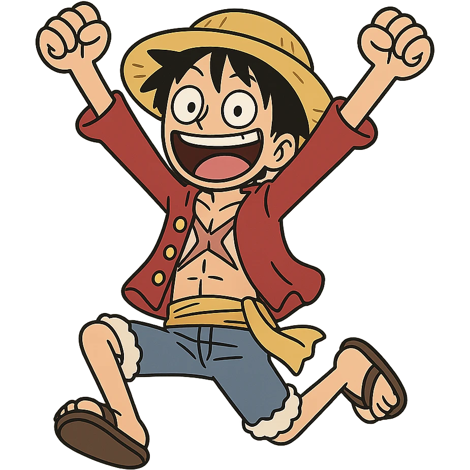 Luffy from One Piece jumping enthusiastically, straw hat prominent, simplified cartoon style emoji