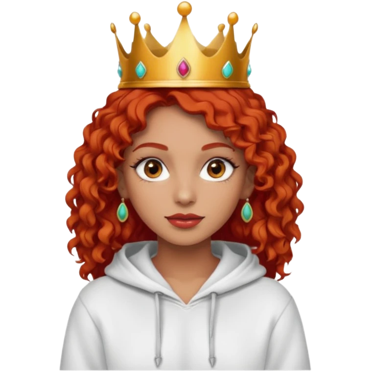 
Slim girl with a fine face, dark and tanned skin, medium-length curly tomato-red hair, dark eyes, medium-thick eyelashes, and a crown and earrings, wearing a white hooded sweatshirt. emoji