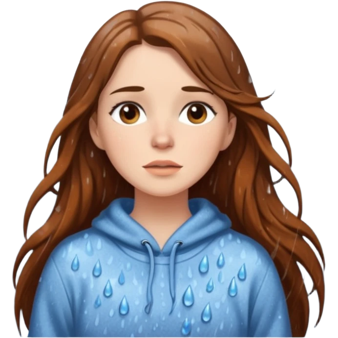 white woman with long brown hair and brown eyes, wearing a cozy sweater, standing in the rain emoji
