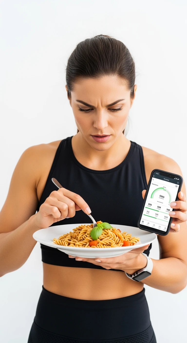 donna fitness che calcola ossessivamente le calorie di quello che sta mangiando: in mano ha un piatto di pasta e nell'altra mano ha lo smartphone per segnare tutti gli alimenti, sfondo bianco emoji
