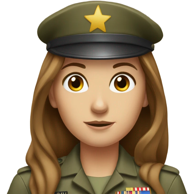 Just shoulders White woman long brown hair in army uniform no smile salute   emoji
