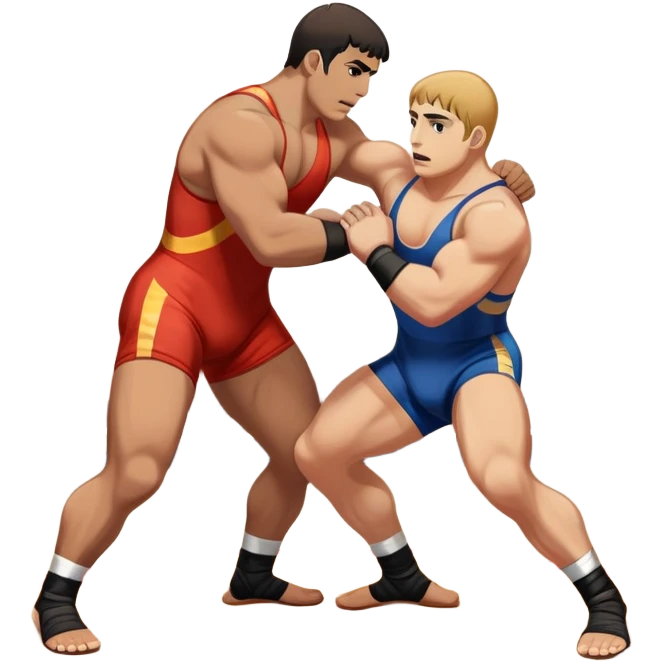 An icon symbolizing Greco-Roman wrestling, showing two wrestlers locked in a powerful grip, focusing on upper-body techniques. The background features a wrestling mat, with the athletes wearing traditional singlets. Transparent background highlights the strength and skill of the sport. emoji