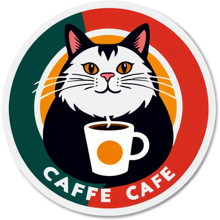 Fat cat with coffee as caffe house logo emoji