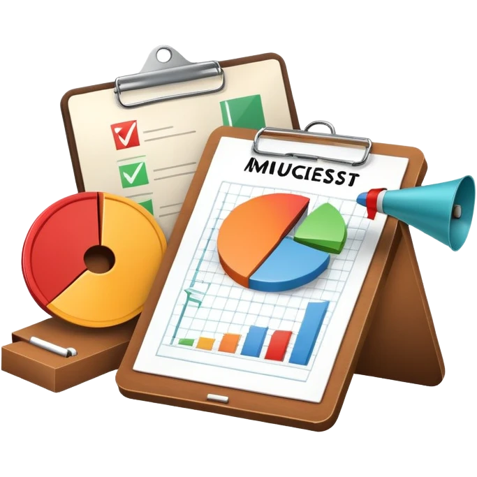 An icon featuring a pie chart, a clipboard with a checklist, and a megaphone, symbolizing management and marketing. The design includes upward-trending graphs and a target with an arrow, representing strategy and success. Transparent background highlights business organization and promotion. emoji