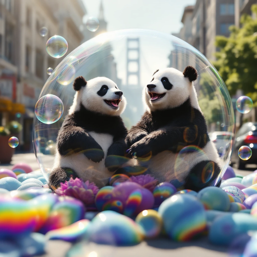 Cinematic still pandas bears sitting inside bubbles flying around San Francisco downtown, sunny summer day, happy vibe, colorfull surround, rainbow emoji