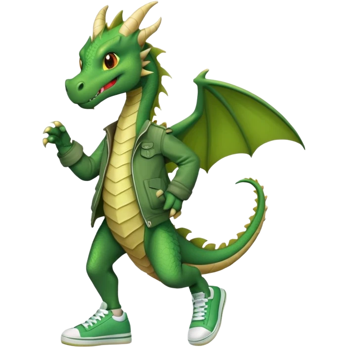 friendly anthropomorphised green dragon in a jacket and sneakers walking upright, relaxed pose emoji