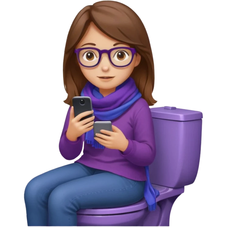 Fille châtain peau blanche avec lunettes. Elle porte une grosse écharpe violette, bleu et orange. Elle assise dans une cuvette de toilette. Téléphone en main. Realiste emoji