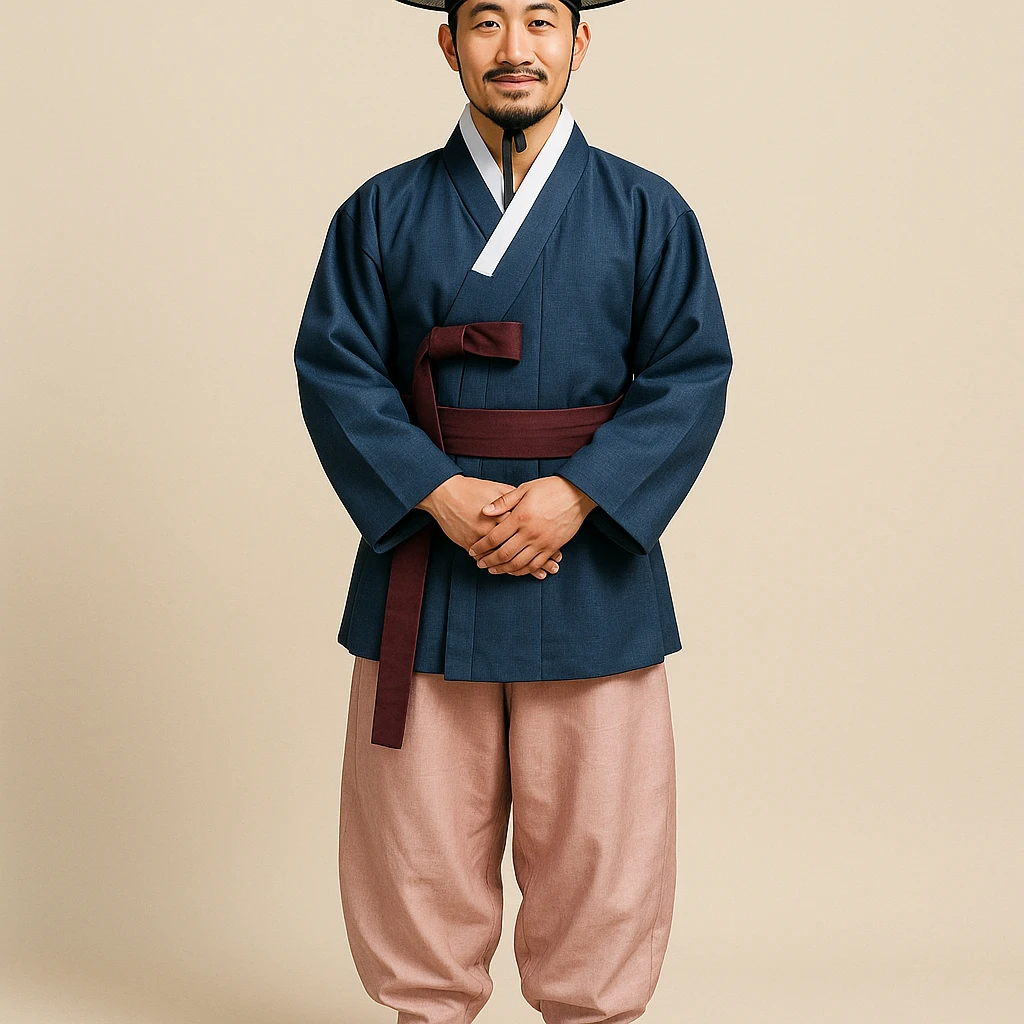 full figure man wearing a traditional Korean hanbok, simple background emoji