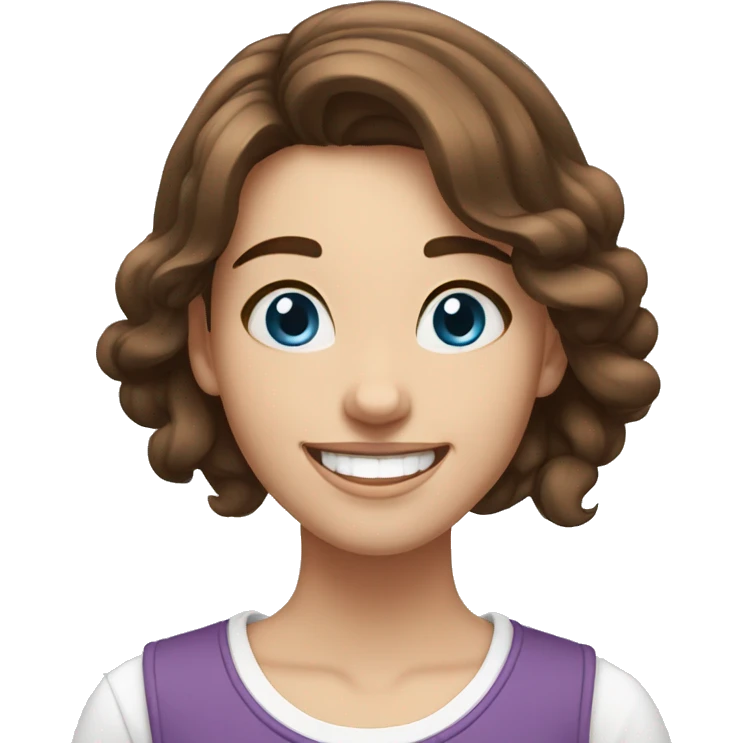 19 year old girl, brown hair styled not tied up, white skin, blue eyes, laughing emoji