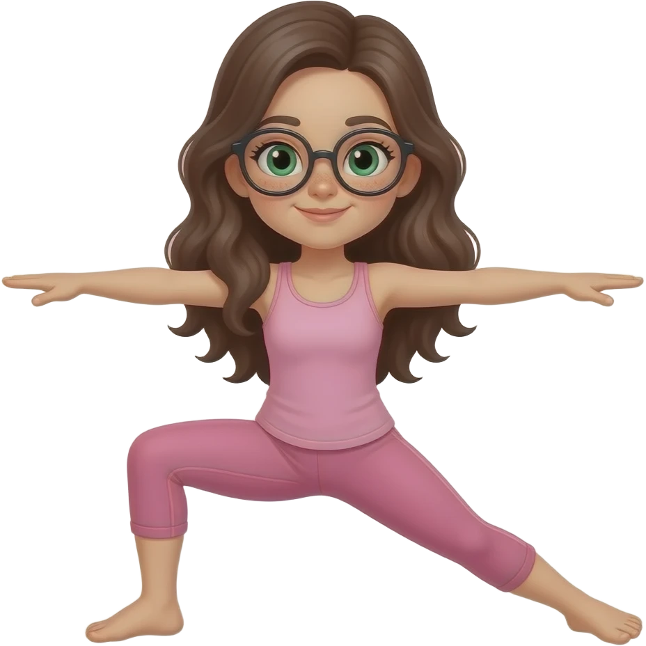 young girl in the style of iphone emoji people, fair skin, green eyes, glasses, freckles,long dark brown wavy hair, pink tank top and pink leggings, do yoga emoji