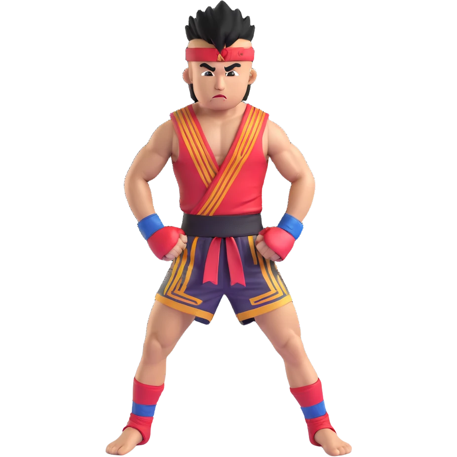 Rodtang Jitmuangnon with mohawk, intense expression, muscular build, in fighting stance, wearing mongkhon headband and Muay Thai shorts emoji