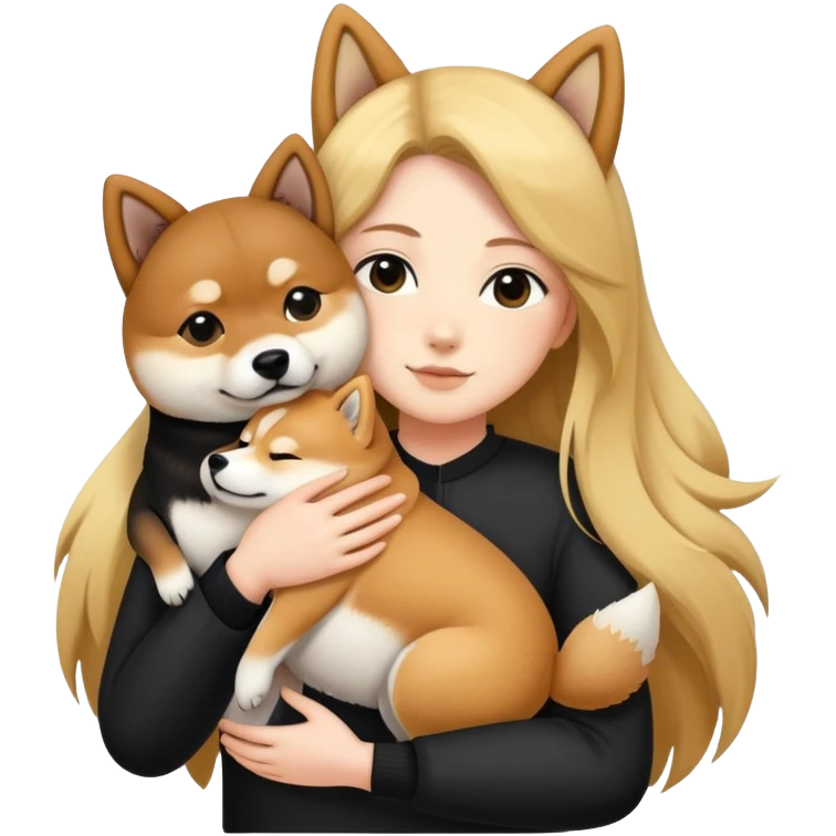 long hair kendall hugs a Shiba inu and a black shiba inu emoji