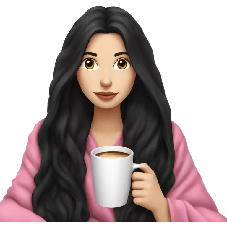 A pretty white girl with very long black hair in a pink blanket sipping coffee emoji