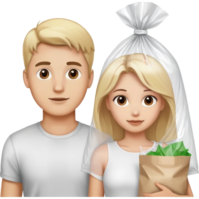 Blonde guy and blonde girl with brown eyes holding a plastic bag emoji