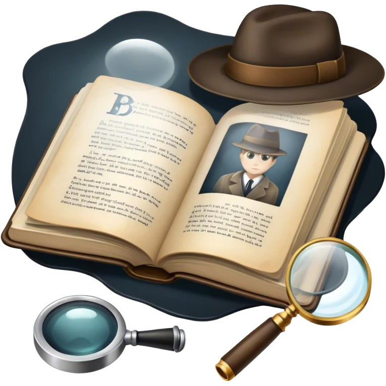 Icon for Detective Reading: an open book with text and a magnifying glass, a detective’s hat and a notebook with clues, surrounded by dark shadows and mysterious elements like footprints. Transparent background. emoji