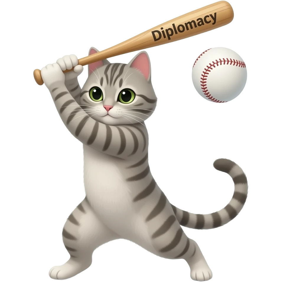 Cat swinging a base ball bat text on bat Diplomacy emoji
