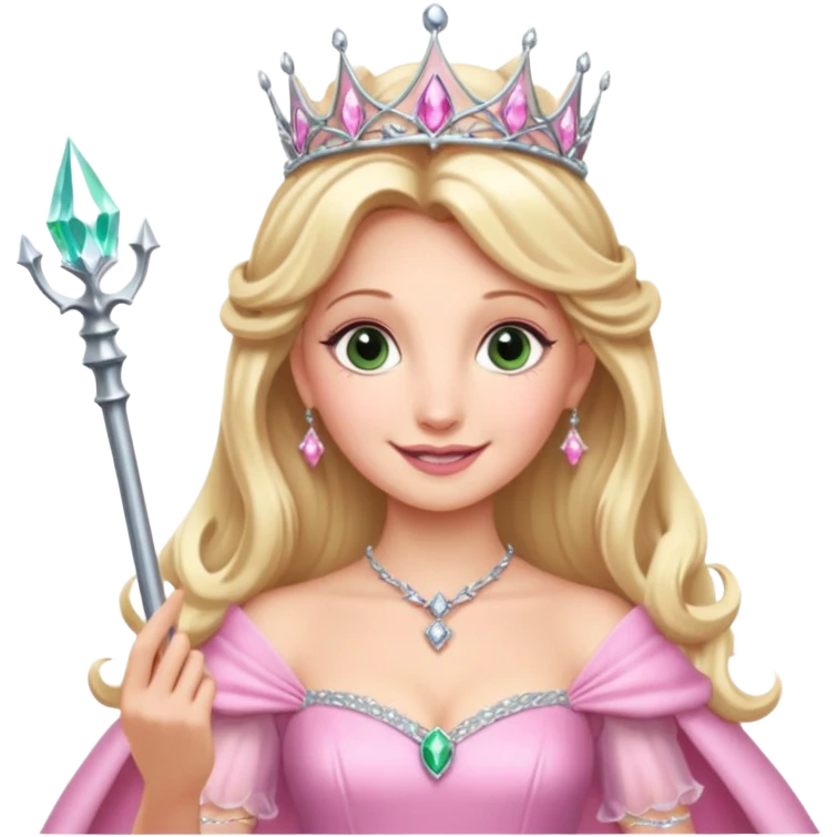 glinda the good witch from wicked movie, blonde hair, beautiful, big silver thin tiara, wand, pink gown emoji