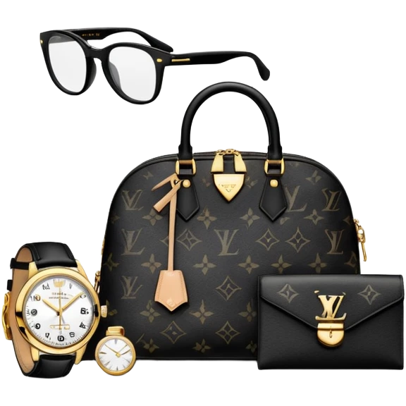bag and watch, and glasses 1 specfic, all BLACK AND WHITE no other colors like gold put together like a bundle with no face, all luxury items like lv and prada, and rolex emoji