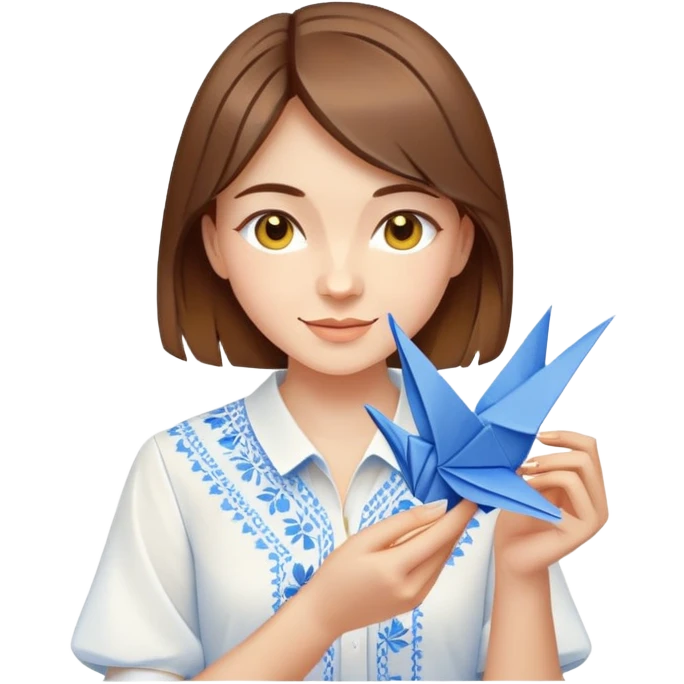 A happy Ukrainian young girl with brown hair in a white embroidered shirt making an origami crane in yellow and blue colors emoji