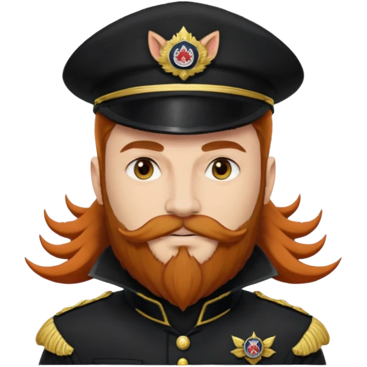 An auburn-hair'ed admiral with a flawless bear and mustache wearing a black admiral outfit and hat with Wolf Ears coming out of the hat, and 9 tails behind him, with the admiral black shirt featuring on the left breast pocket the insignia of Helldivers 2. emoji