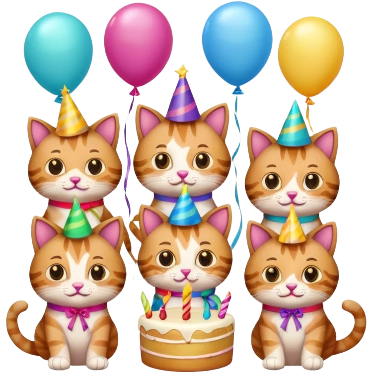 six guy cats at a birthday party, some holding gifts, some eating cake, festive decorations, emoji style emoji