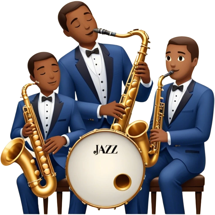 Icon for Jazz Music: The Jazz Messengers, featuring a dynamic composition with Art Blakey on drums and musicians playing saxophone, trumpet, and piano. Musical notes and a warm jazz club atmosphere emphasize the vibrant hard bop style. Transparent background. emoji