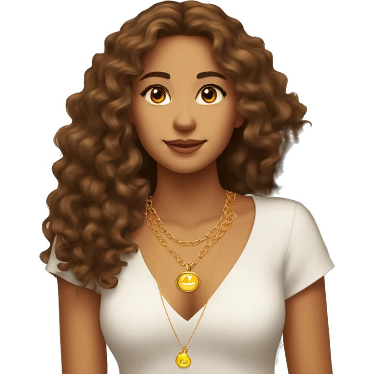young woman tanned skin brown eyes brown long curly hair with sun gold necklace emoji