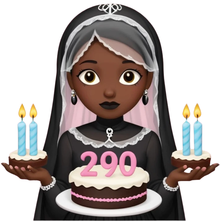 Emoji-style illustration of a cute sarcastic woman, black mourning dress and veil, holding a birthday cake with number 29 candles, ironic expression, RIP 20s theme, flat design, bold outlines, pastel gothic colors, high resolution, clean background, perfect for profile picture emoji