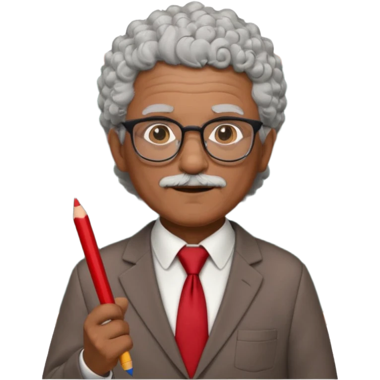 old man teacher, brown skin, curly grey white hai, wearing glasses, brown suit, red tie hold chalk on hand emoji