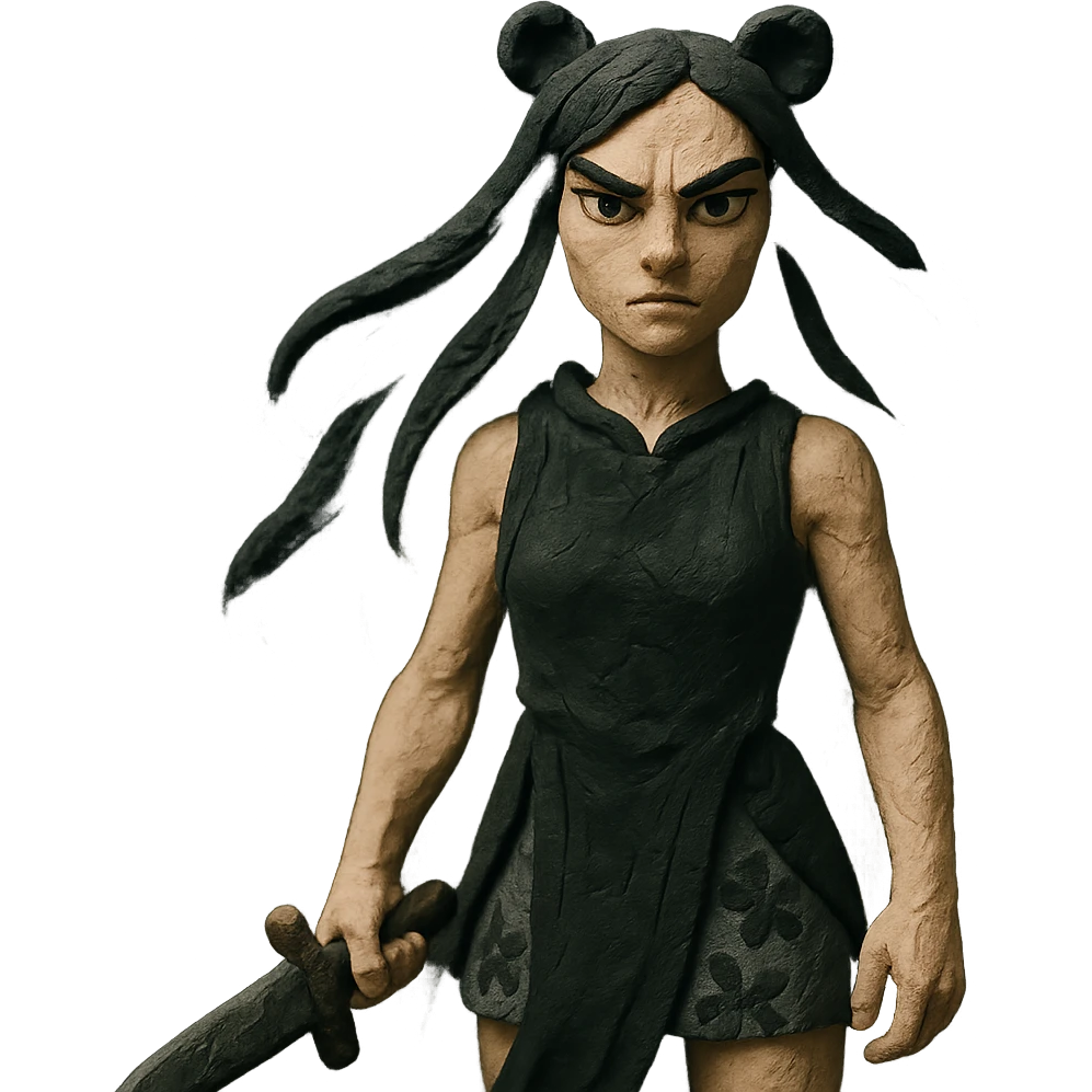 mysterious gothic female fighter with long flowing black hair, sharp intense eyes, small black bear ears, sleeveless black ritual robe top, gray combat shorts with dark floral pattern, quiet but commanding presence, soft dark aura emoji