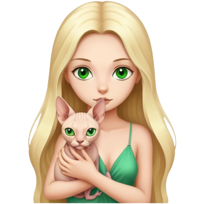 Girl blonde long hair green eyes holding sphynx emoji