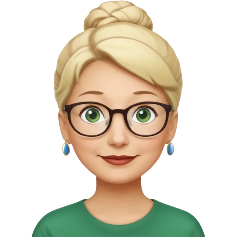 older teacher with blonde bun green eyes looking up and left and glasses full lips emoji