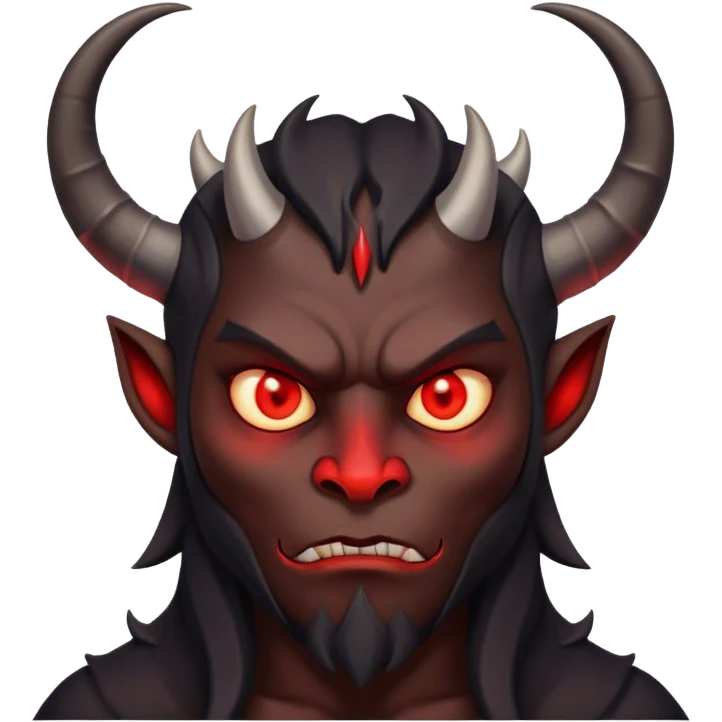 Black demon with two horns and glowing red triangular eyes making the thinking face emoji