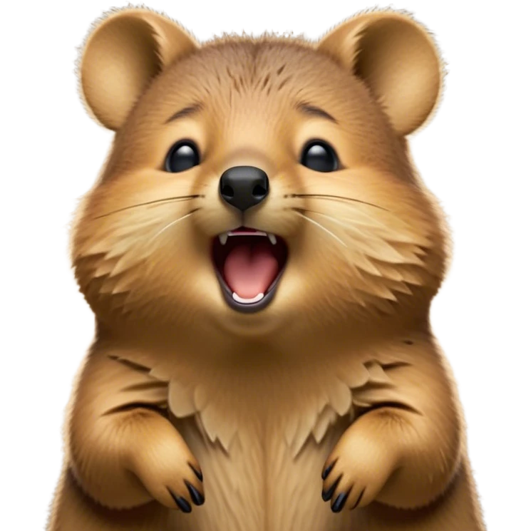Cinematic Cute Yawning Quokka Portrait Emoji, Head tilted slightly with a dramatic, wide-open yawn, showcasing a soft, downy brown fur with a slightly droopy expression and eyes barely open in drowsy contentment, Simplified yet irresistibly adorable features, highly detailed, glowing with a soft, cozy glow, high shine, relaxed yet expressive, stylized with a touch of playful charm, bright and endearing, soft glowing outline, capturing the essence of a sleepy yet affectionate quokka, so drowsy it feels like it could stretch out of the screen and curl up for a nap! emoji
