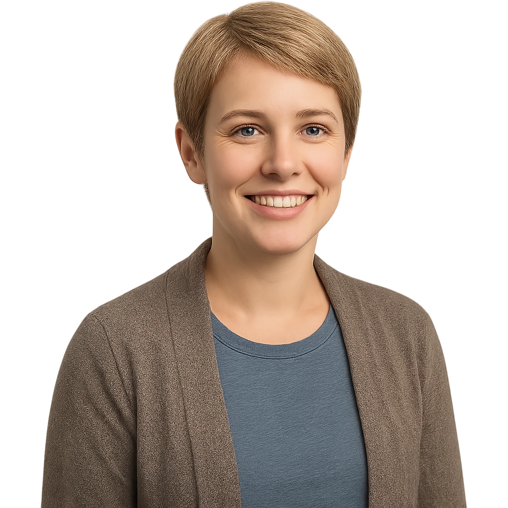 a wife with short blond hair, friendly expression, casual clothing, portrait, simple background emoji