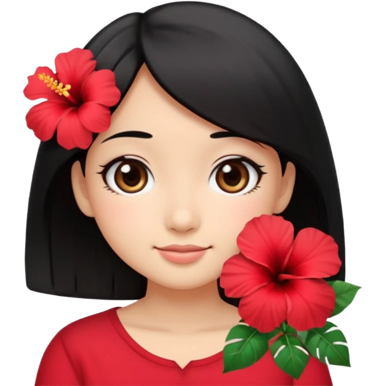 emoji-style kawaii girl face, Lilo inspiration, big round eyes, soft smile, tan skin, straight black hair, red hibiscus flower on left, minimal, pastel emoji