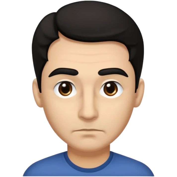 emoji a medio cuerpo, de un hombre, con cejas gruesas inclinadas hacia abajo, nariz medio grande, hombros anchos, sin sonrisa, hombros anchos, cabello medio ondulado con un corte juvenil, cabello negro. ojos negros. emoji