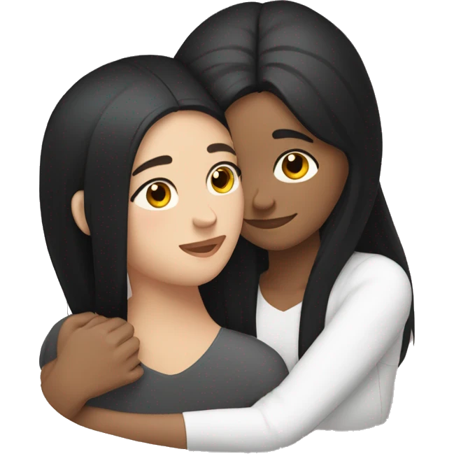Lesbian with long black hair and white skin hugging her girlfriend from behind emoji