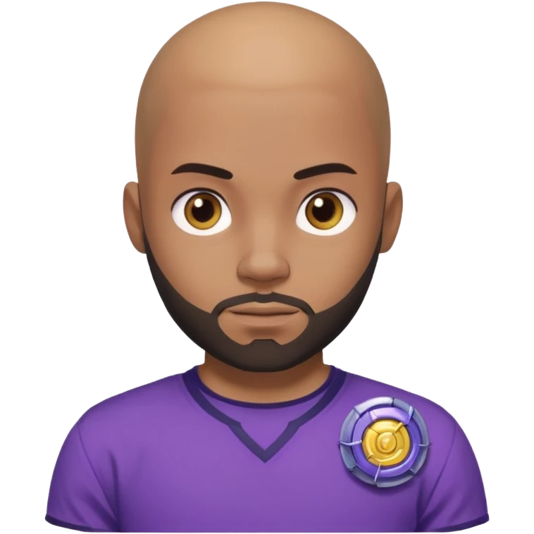 um jovem negro, careca, com barba, com um olhar confiante e olhando para frente, usando uma camisa roxa mostrando o seu beyblade. emoji
