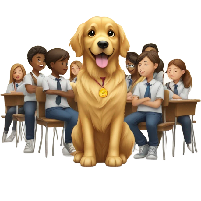 golden retriever sitting by school students and a teacher  emoji