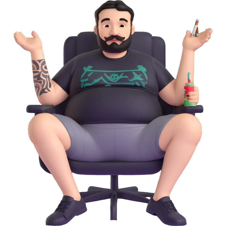 Big man relaxing in chair, legs spread wide, holding cigarette, round face, short black hair (not bald), short beard and mustache, black t-shirt with light stripes at top, exposed belly, black shorts, arms covered in black graphic tattoos with patterns visible on forearms and shoulders emoji