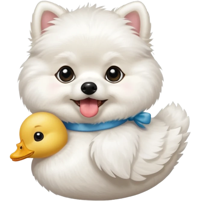 White Pomeranian carrying  a stuffed white toy duck in his mouth emoji