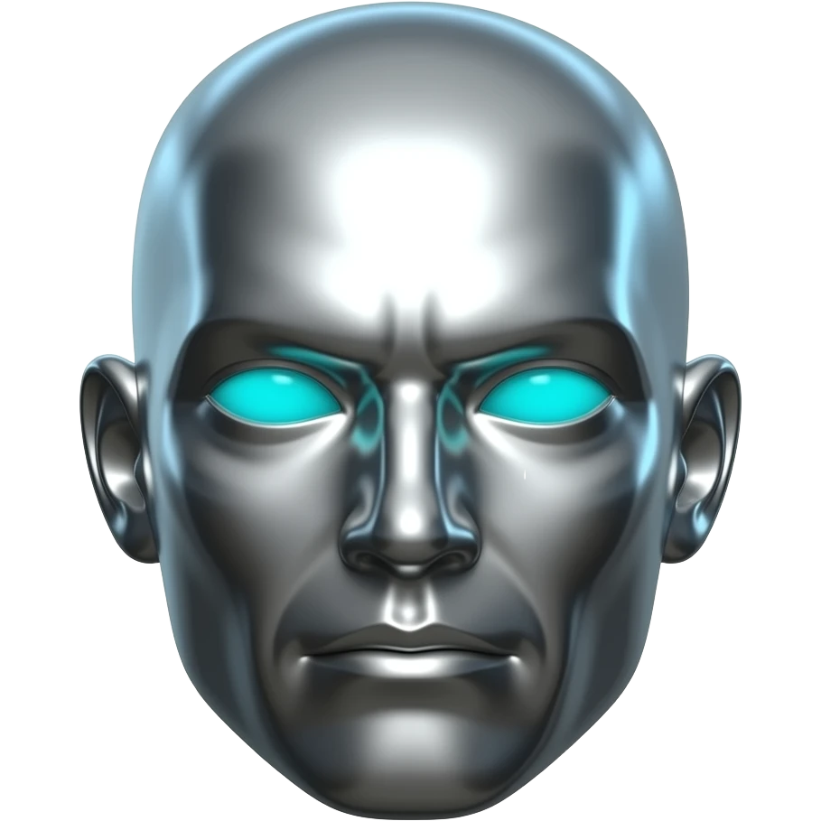 "A polished chrome karate statue head, front-facing, serious focused expression, glowing cyan (#00D4B1) eyes, dark background. Metallic reflections with subtle cyan light accents. Clean, no background, emoji style, high detail. The statue represents discipline, focus and self-mastery." emoji