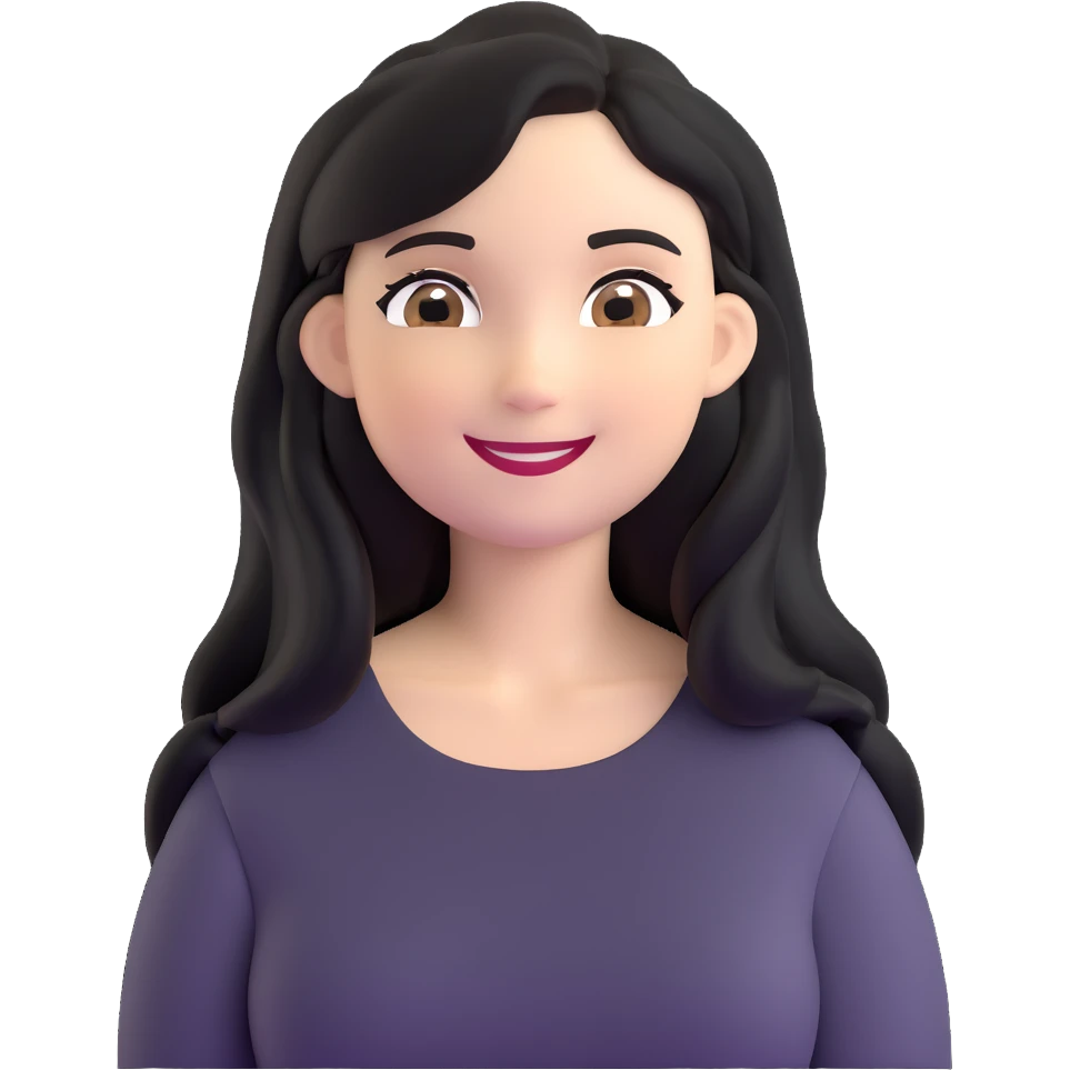 white woman with rounded brown eyes, long black hair, black blouse, smiling expression emoji