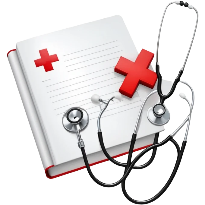 An icon featuring a red cross, a stethoscope, and a syringe, symbolizing medicine. The design includes a medical book, a heartbeat monitor, and a pill, representing the study and practice of healthcare, diagnostics, and treatment. Transparent background highlights the science of healing. emoji
