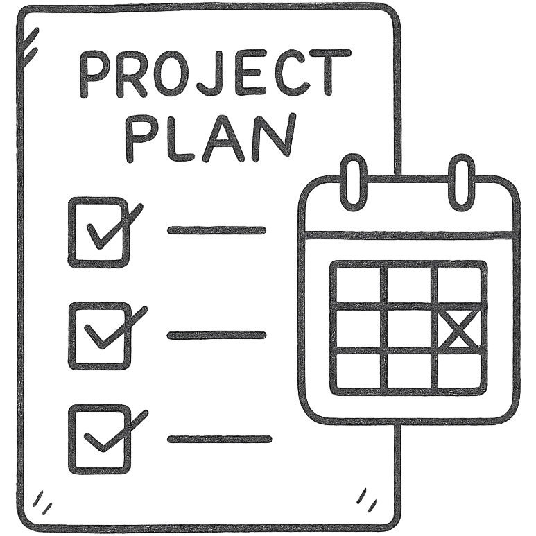 hand-drawn outline of a project plan with checklist and calendar emoji