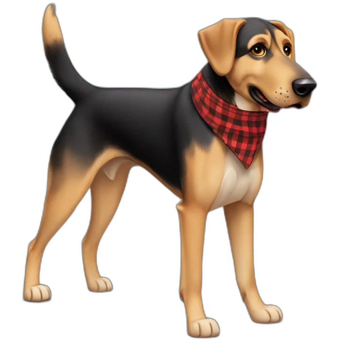 adult 75% Coonhound 25% German Shepherd mix dog with visible tail wearing small pointed red buffalo plaid bandana full body walking left quickly emoji