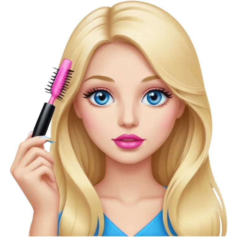 Blonde woman with long hair, blue eyes and pink lips holding mascara in her hands emoji
