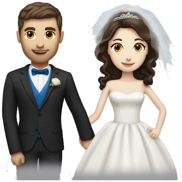 Bride with pale skin, dark brown hair & blue eyes standing with Groom with dark brown hair and brown eyes emoji